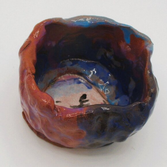 Handmade Abstract Wolf Pottery Bowl Blue & Brown Glaze Signed - Picture 5 of 5